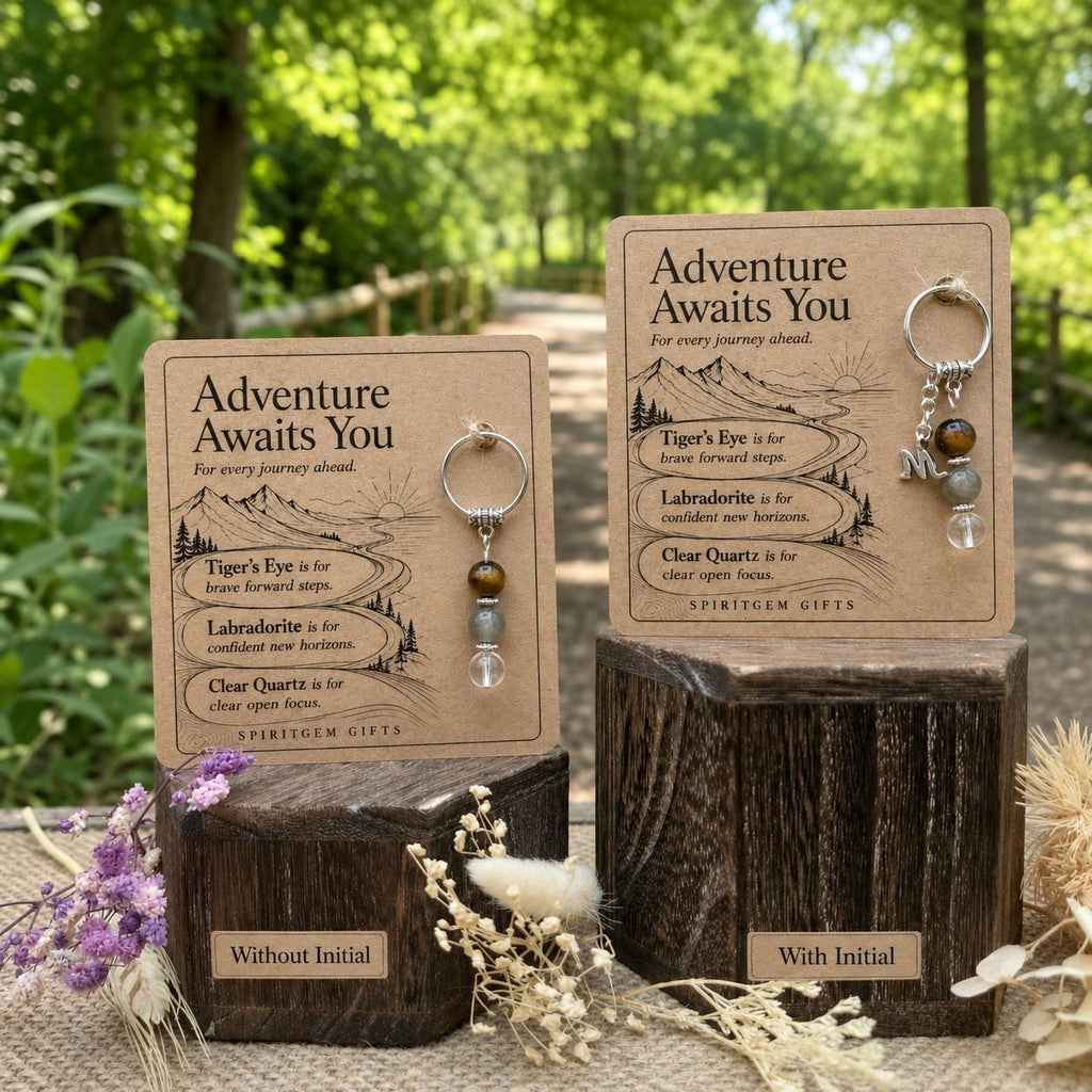 PERSONALISED NEW ADVENTURE Crystal Keyring, Travel Gift with Illustrated Keepsake Card