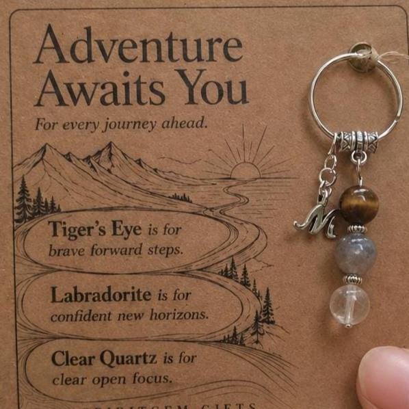 PERSONALISED NEW ADVENTURE Crystal Keyring, Travel Gift with Illustrated Keepsake Card