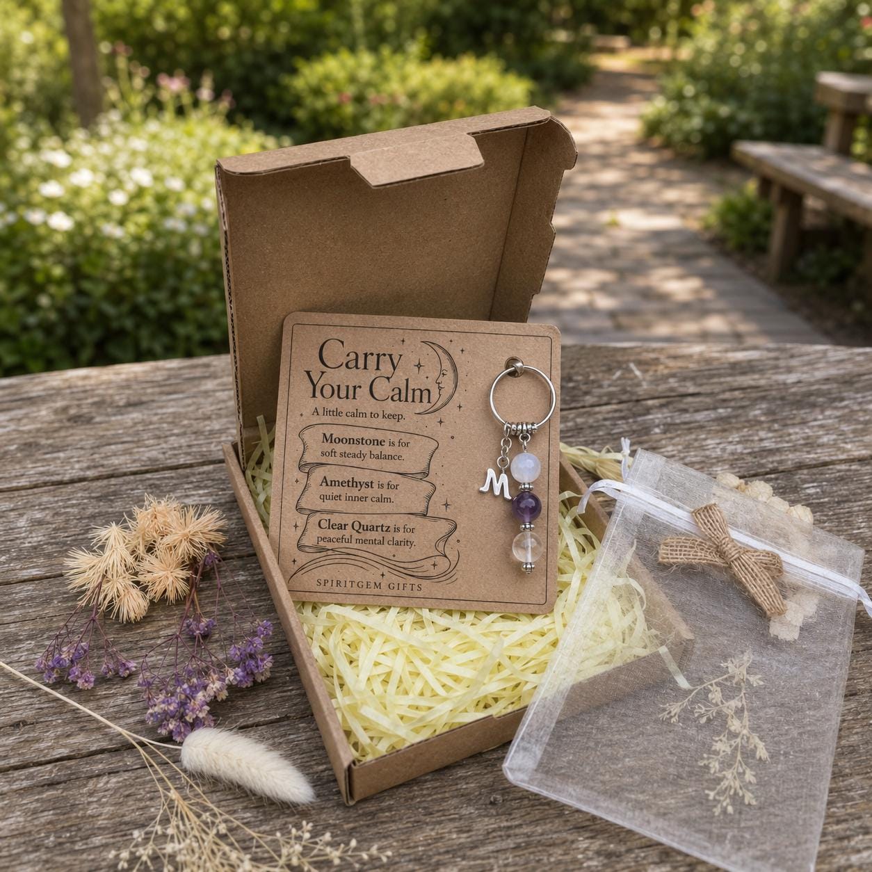 Anxiety Support Gift, Calm Crystal Keyring with Illustrated 'Carry Your Calm' Card