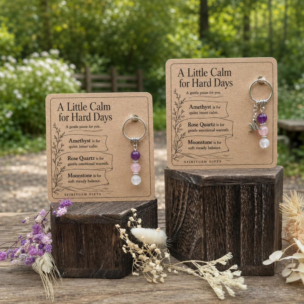 PERSONALISED CALM Crystal Keyring, Encouragement Gift with Illustrated Keepsake Card