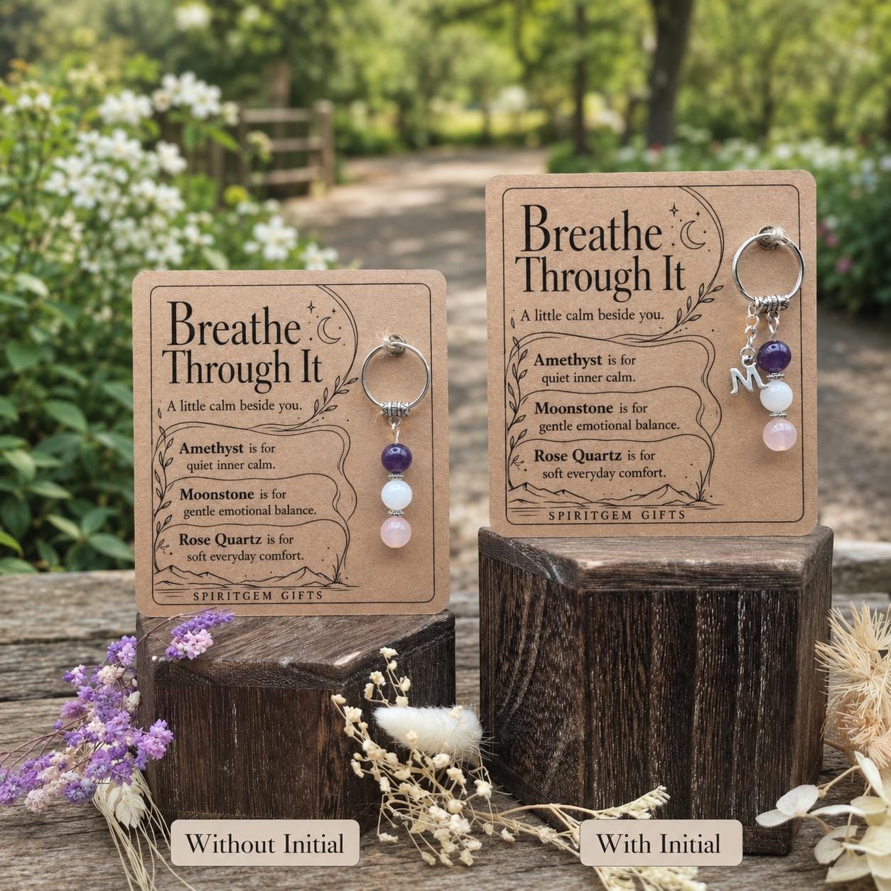 PERSONALISED CALM Crystal Keyring, Self Care Gift with Illustrated Keepsake Card