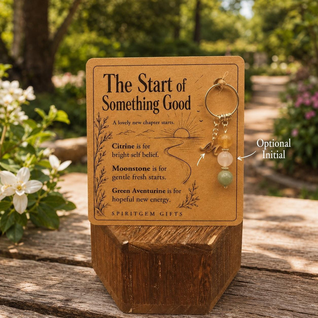 PERSONALISED NEW BEGINNINGS Crystal Keyring, Fresh Start Gift with Illustrated Keepsake Card