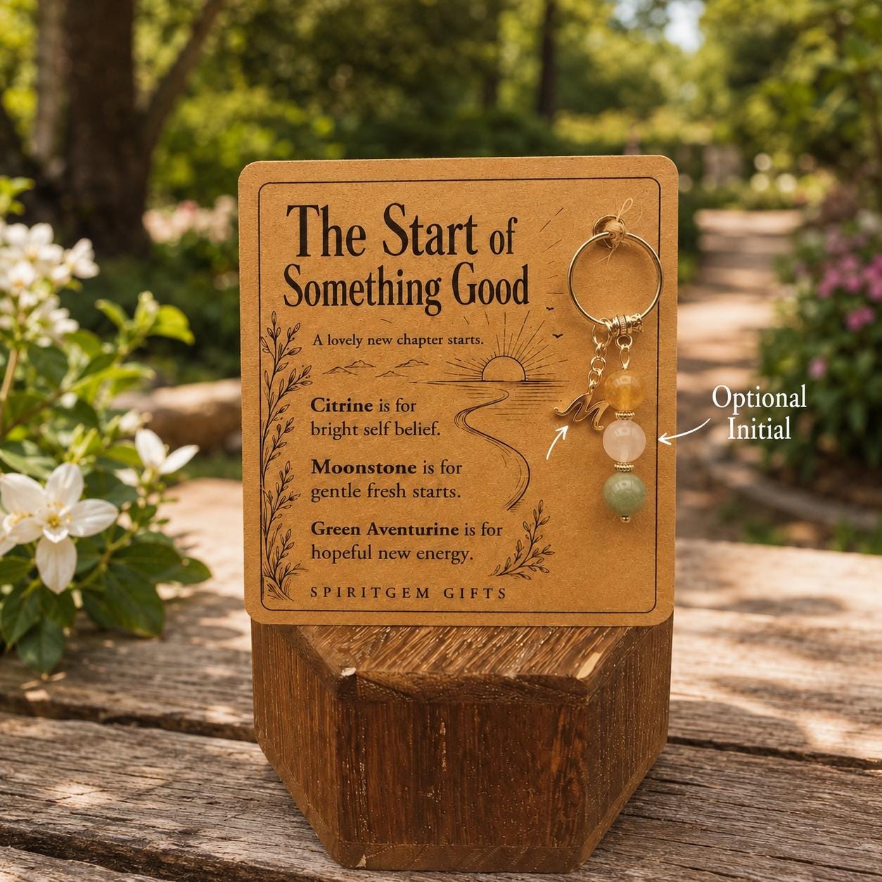 PERSONALISED NEW BEGINNINGS Crystal Keyring, Fresh Start Gift with Illustrated Keepsake Card