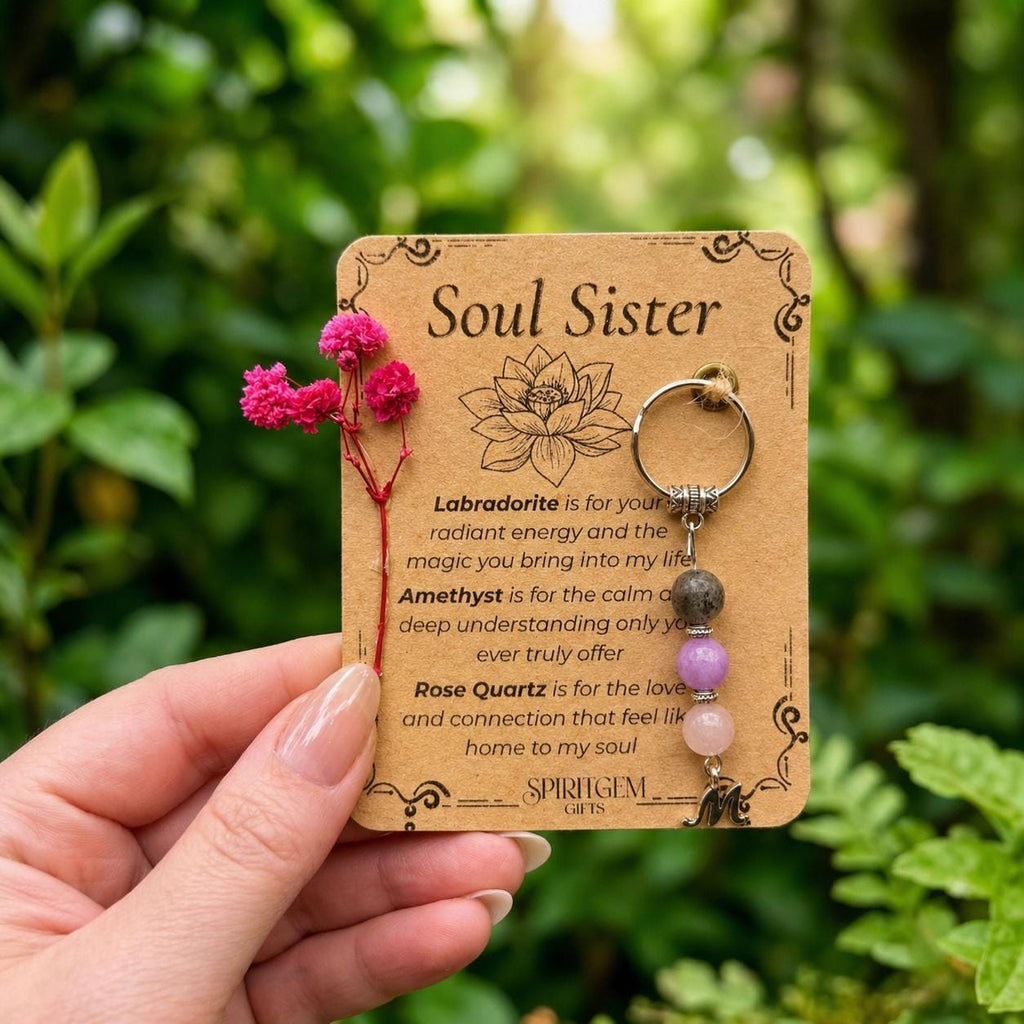Personalised Soul Sister Gift Keyring, Labradorite Amethyst Rose Quartz