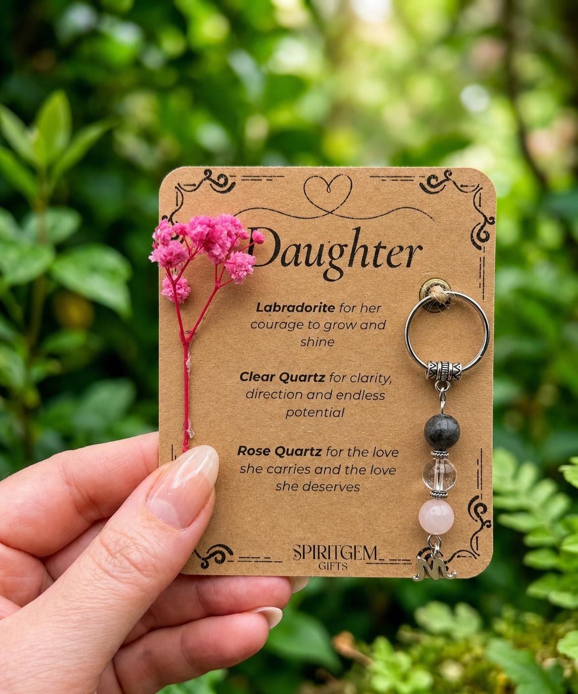 Personalised Daughter Keepsake: Labradorite, Clear Quartz, Rose Quartz Gemstone Charm