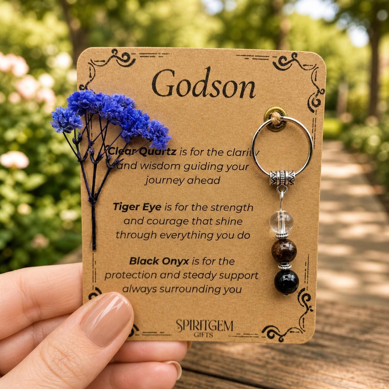 Personalised Godson Keepsake: Baptism, Christening Gift from Godparents (Clear Quartz, Tiger Eye, Black Onyx)