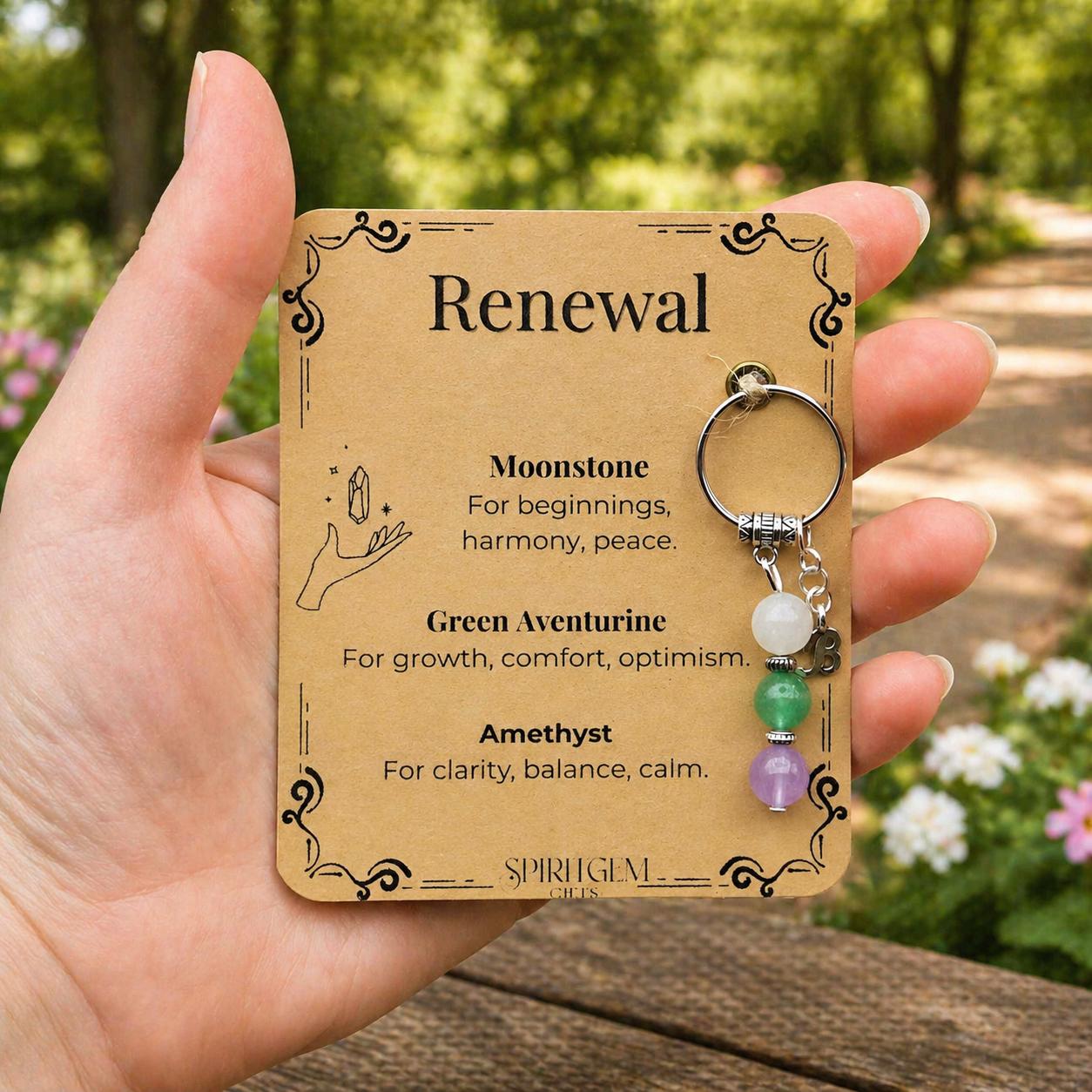 Renewal Gemstone Keyring, Moonstone, Green Aventurine, Amethyst, New Beginnings Gift