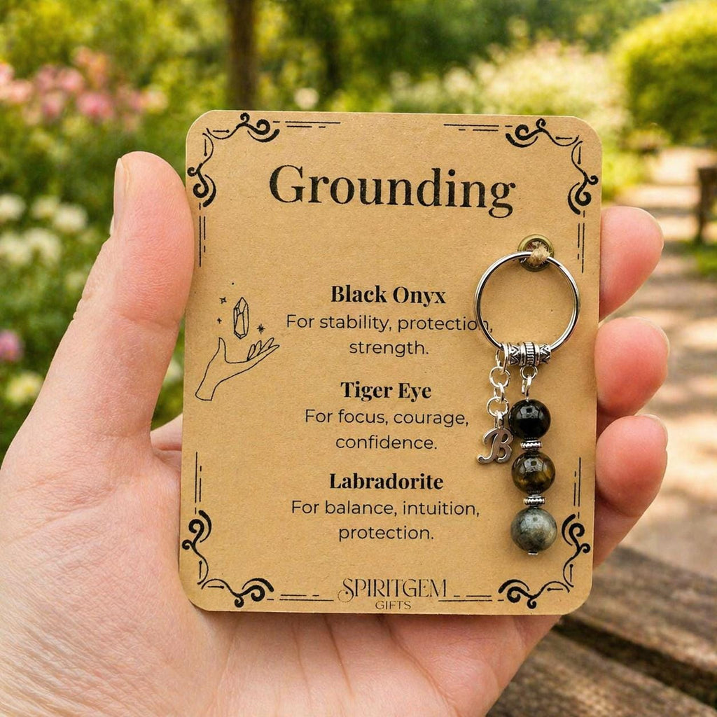 Personalised Grounding Keyring, Black Onyx, Tiger Eye, Labradorite Protection Charm