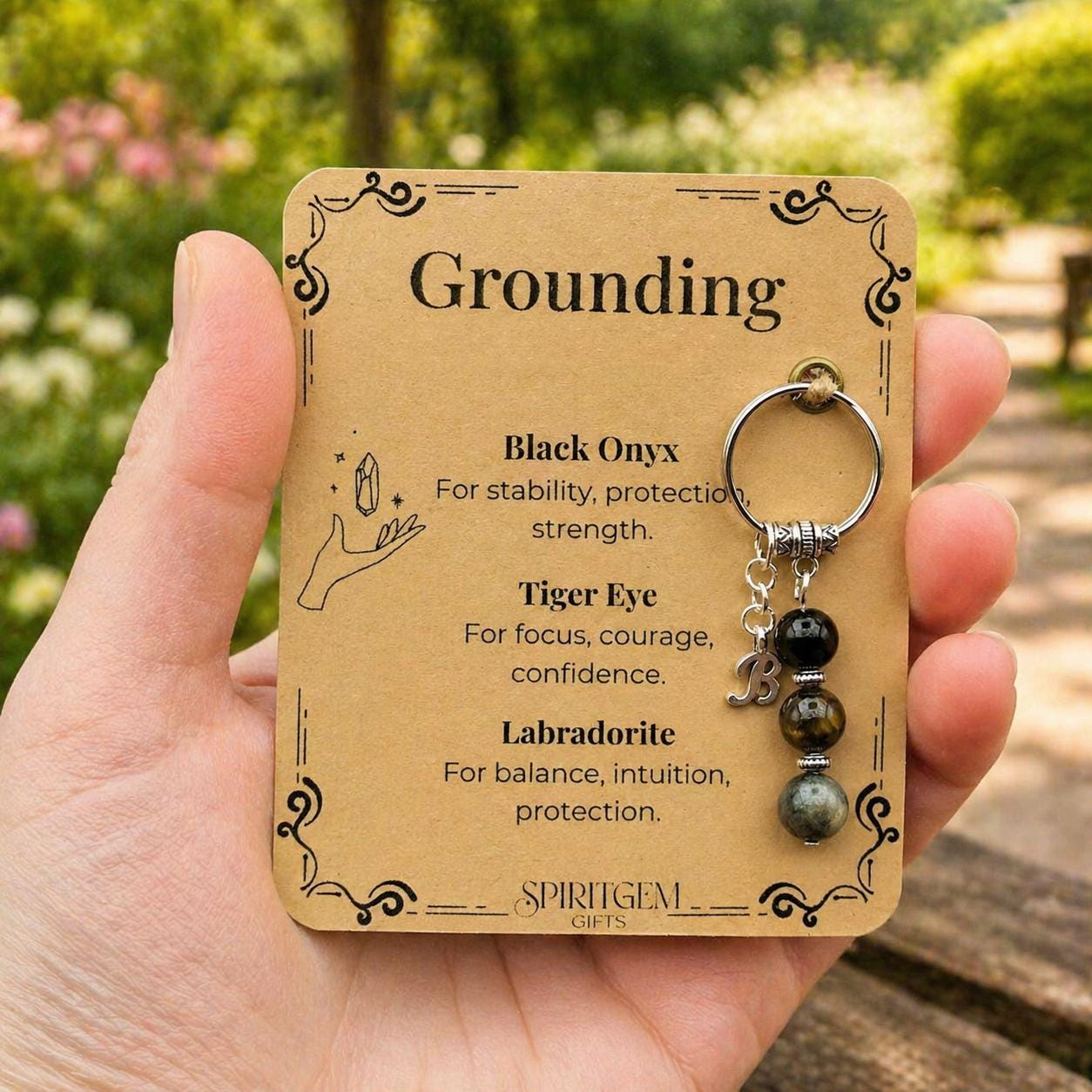 Personalised Grounding Keyring, Black Onyx, Tiger Eye, Labradorite Protection Charm