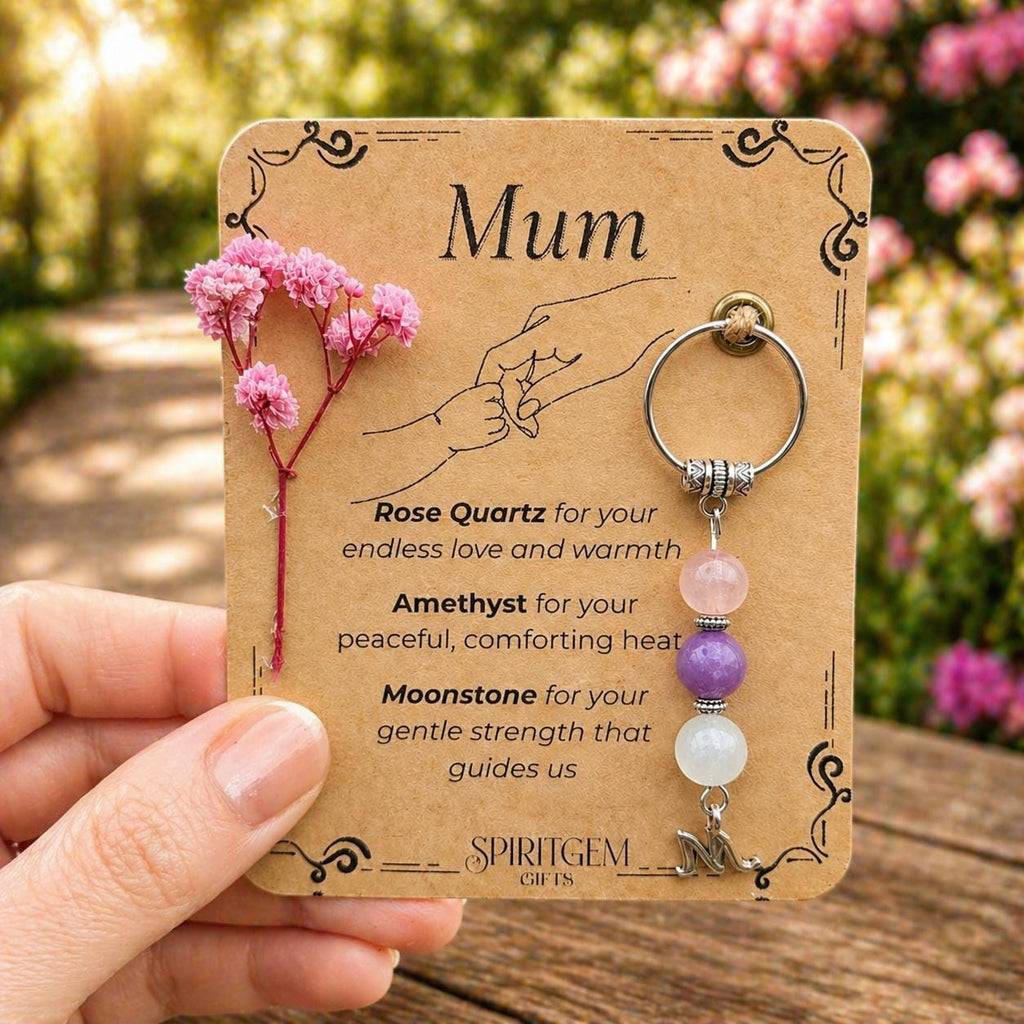 Personalised Mum Gemstone Keepsake: Rose Quartz, Amethyst, Moonstone (UK Handmade)