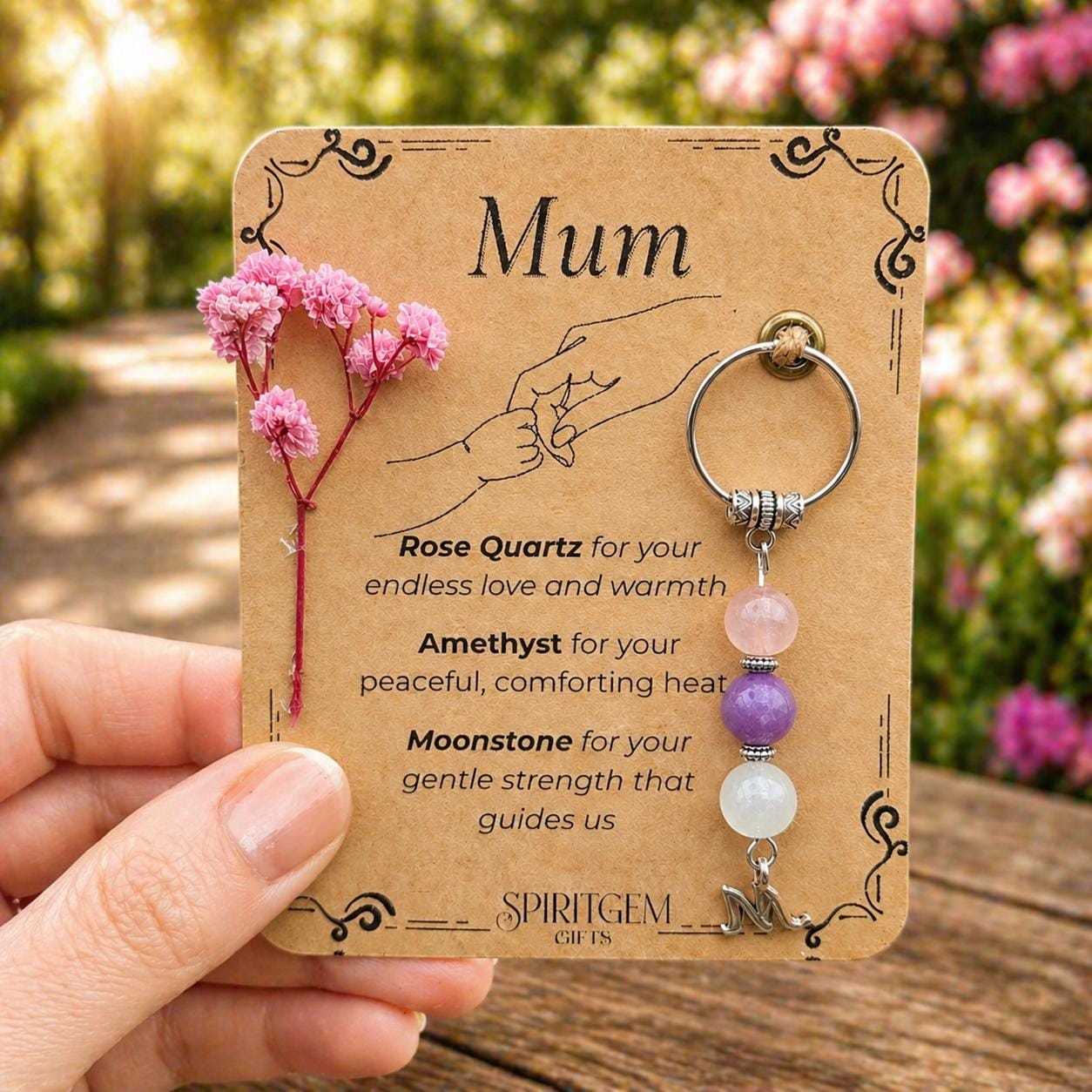 Personalised Mum Gemstone Keepsake: Rose Quartz, Amethyst, Moonstone (UK Handmade)