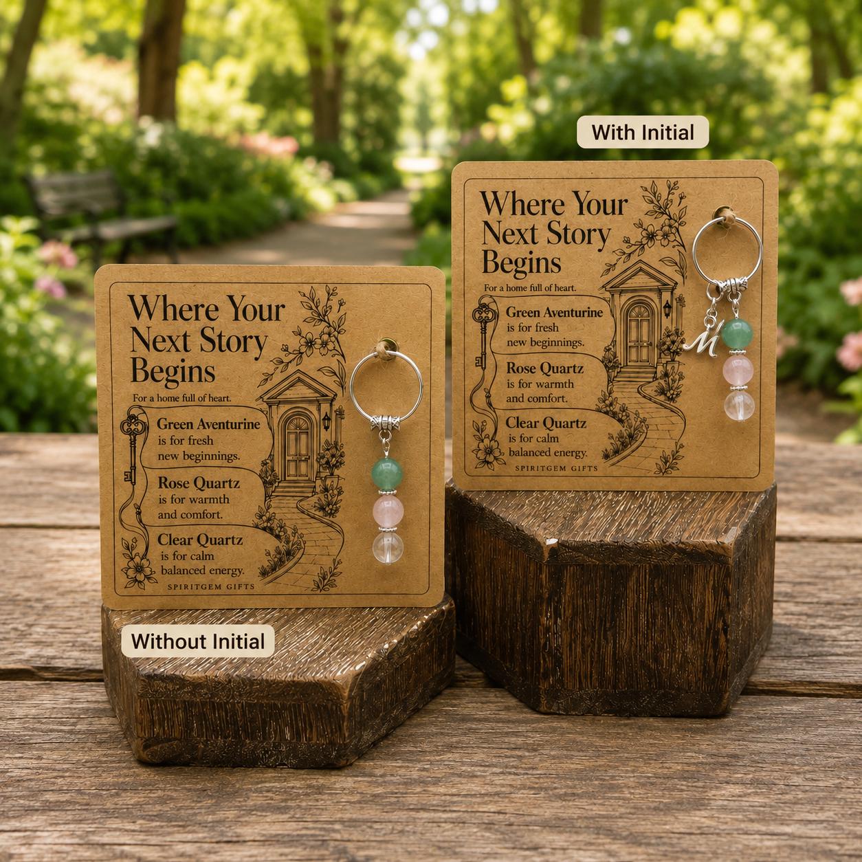 First Home Gift, First Time Buyer Crystal Keyring with Illustrated 'Where Your Next Story Begins' Card