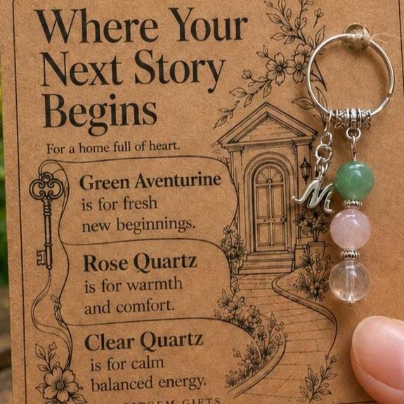 First Home Gift, First Time Buyer Crystal Keyring with Illustrated 'Where Your Next Story Begins' Card