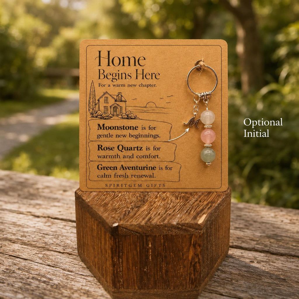 PERSONALISED MOVING HOME Crystal Keyring, New Home Gift with Illustrated Keepsake Card