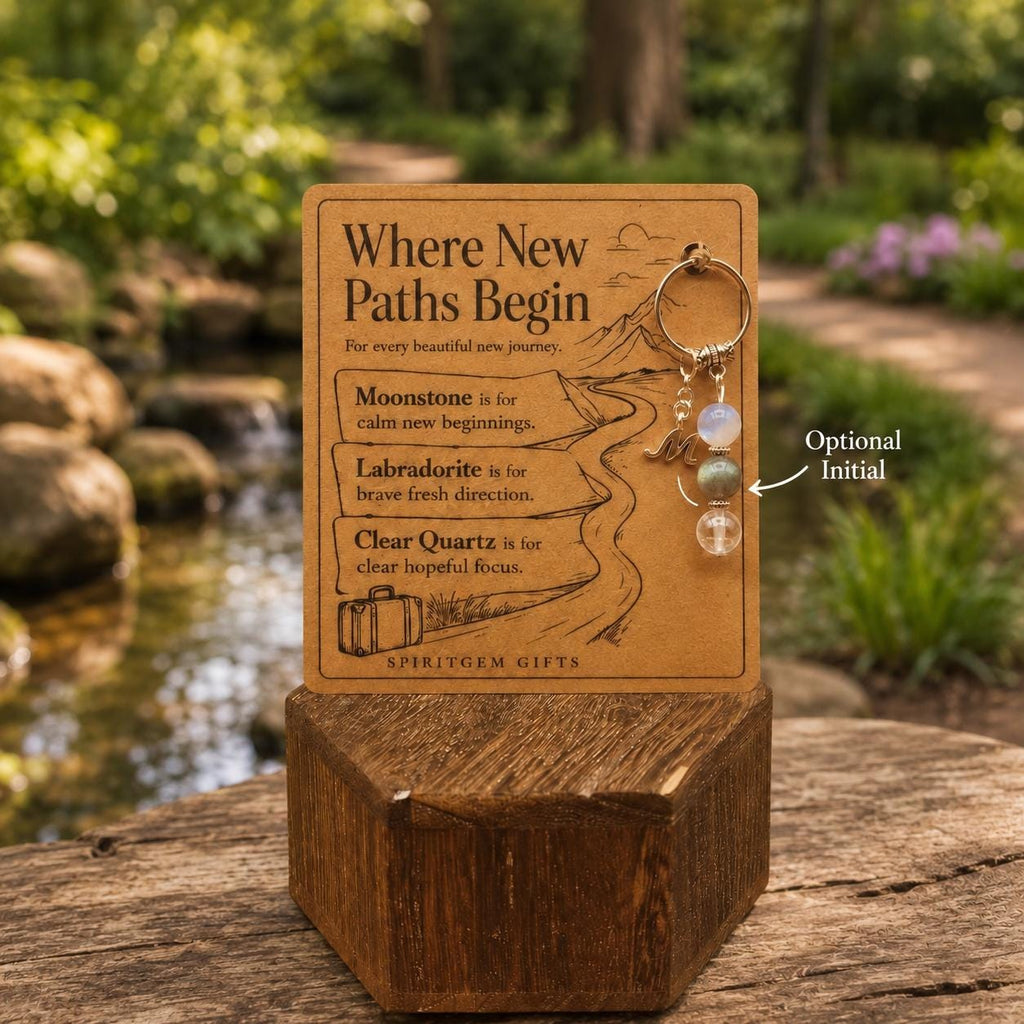 PERSONALISED NEW ADVENTURE Crystal Keyring, Travel and moving Gift with Illustrated Keepsake Card