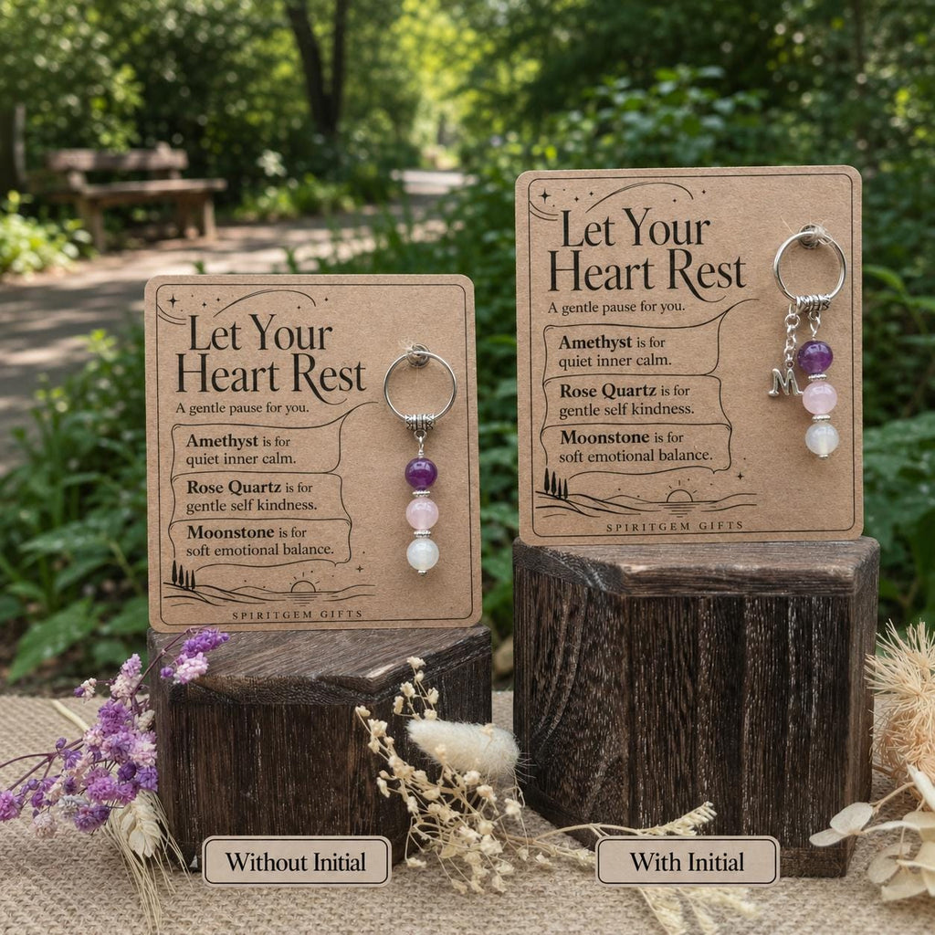 Self Care Gift for Her, Crystal Keyring with Illustrated 'Let Your Heart Rest' Card