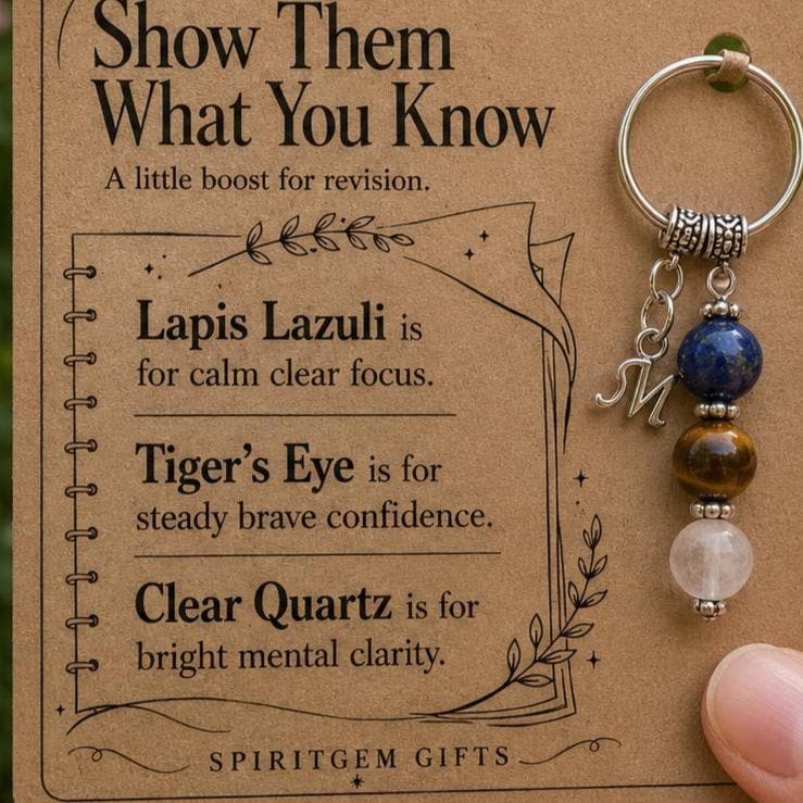 University Exam Gift, Finals Crystal Keyring with Illustrated 'Show Them What You Know' Card