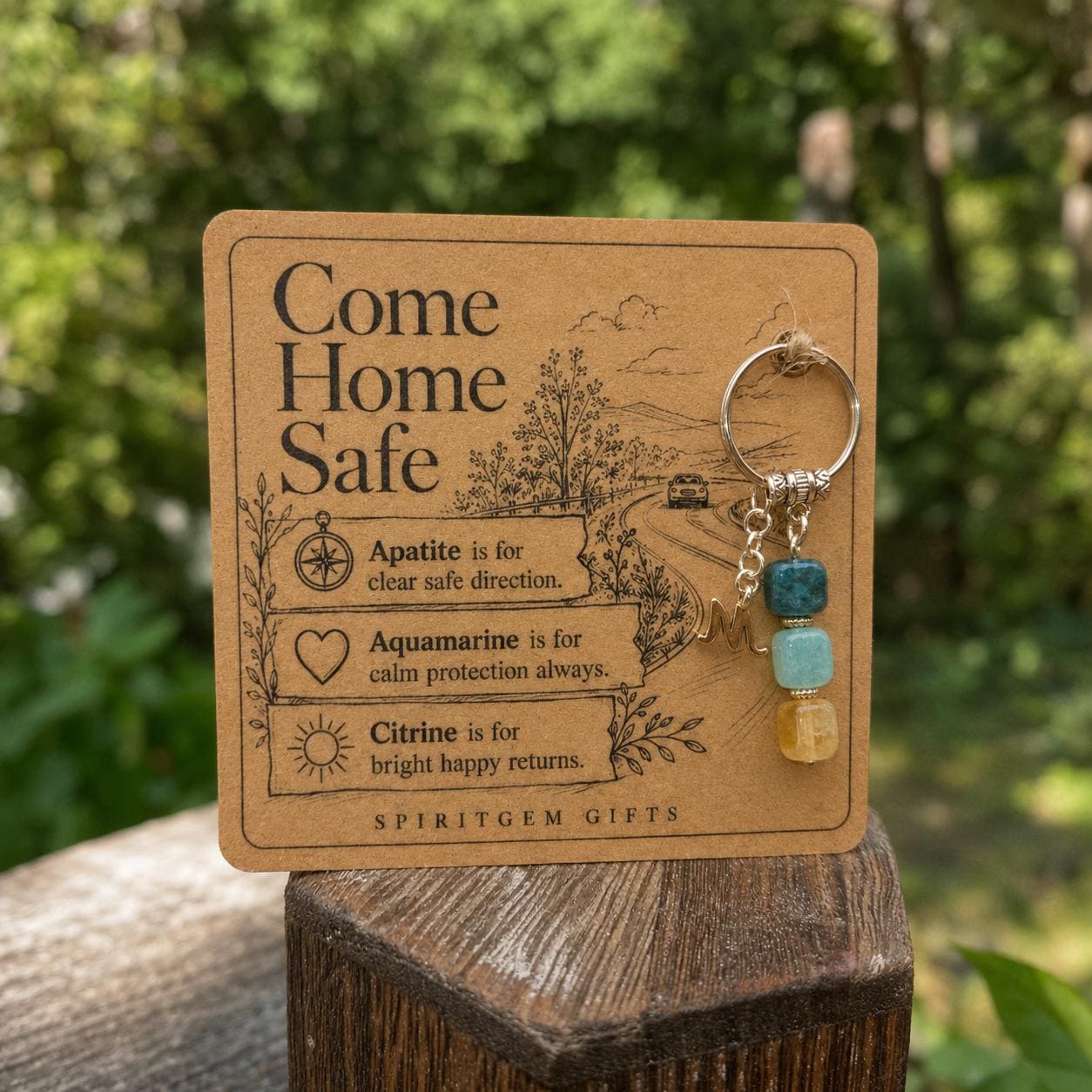Personalised Come Home Safe Crystal Keyring, Apatite Aquamarine Citrine Charm