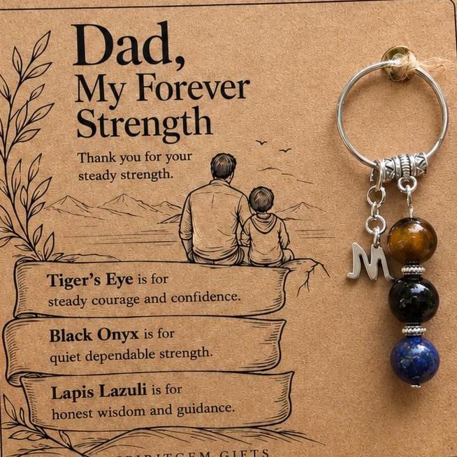 Personalised Dad Strength Crystal Keyring with Illustrated Keepsake Card, Fathers Day Gift