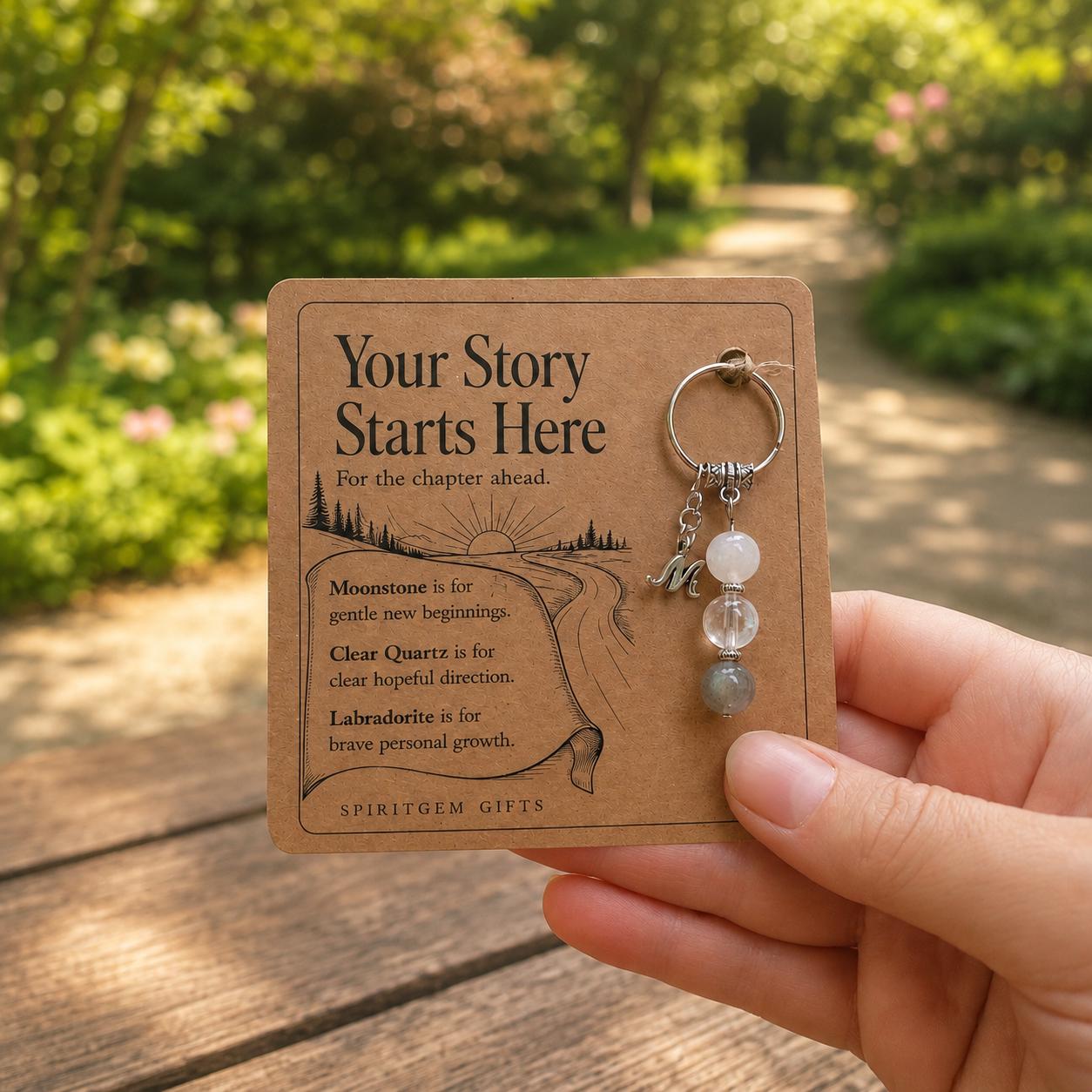 PERSONALISED NEXT CHAPTER Crystal Keyring, New Beginning Gift with Illustrated Keepsake Card