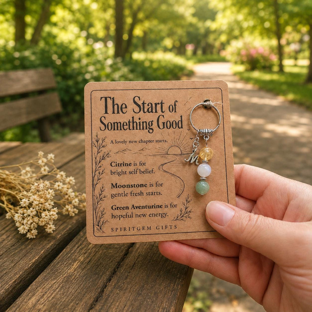 PERSONALISED NEW BEGINNINGS Crystal Keyring, Fresh Start Gift with Illustrated Keepsake Card