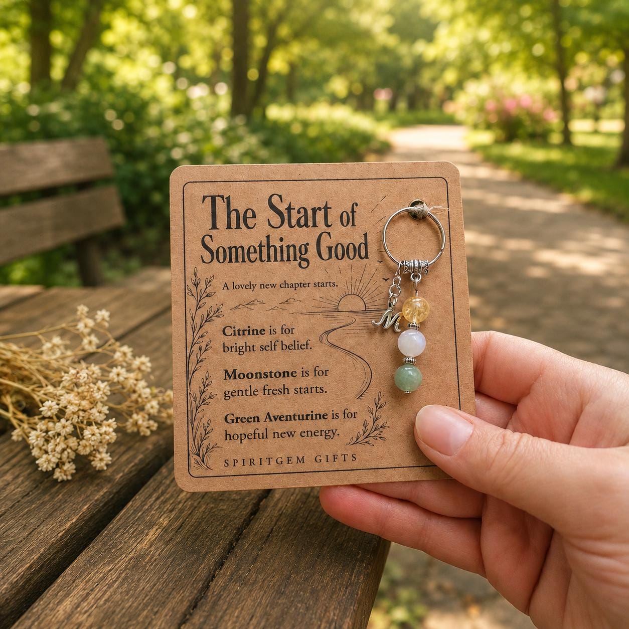 PERSONALISED NEW BEGINNINGS Crystal Keyring, Fresh Start Gift with Illustrated Keepsake Card