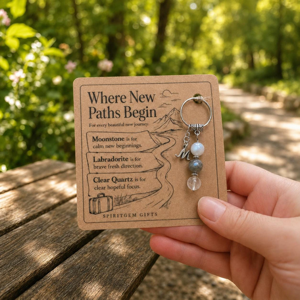 PERSONALISED NEW ADVENTURE Crystal Keyring, Travel and moving Gift with Illustrated Keepsake Card