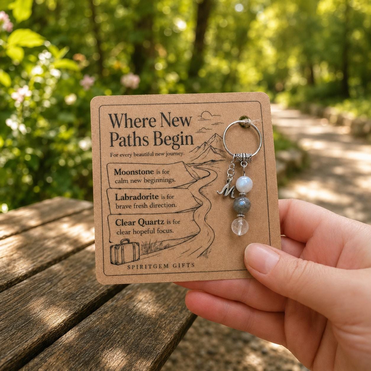 PERSONALISED NEW ADVENTURE Crystal Keyring, Travel and moving Gift with Illustrated Keepsake Card
