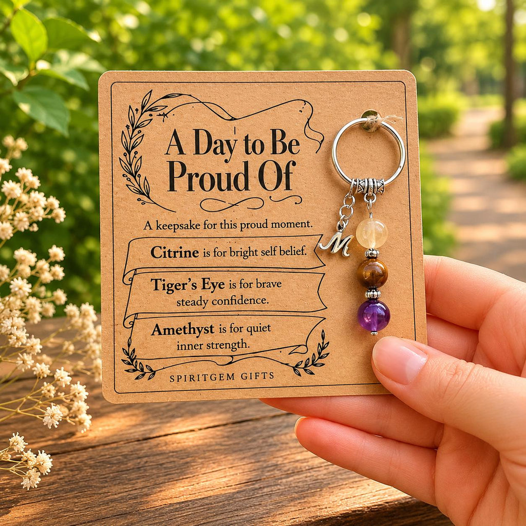 PERSONALISED WELL DONE Crystal Keyring, Proud of You Gift with Illustrated Keepsake Card