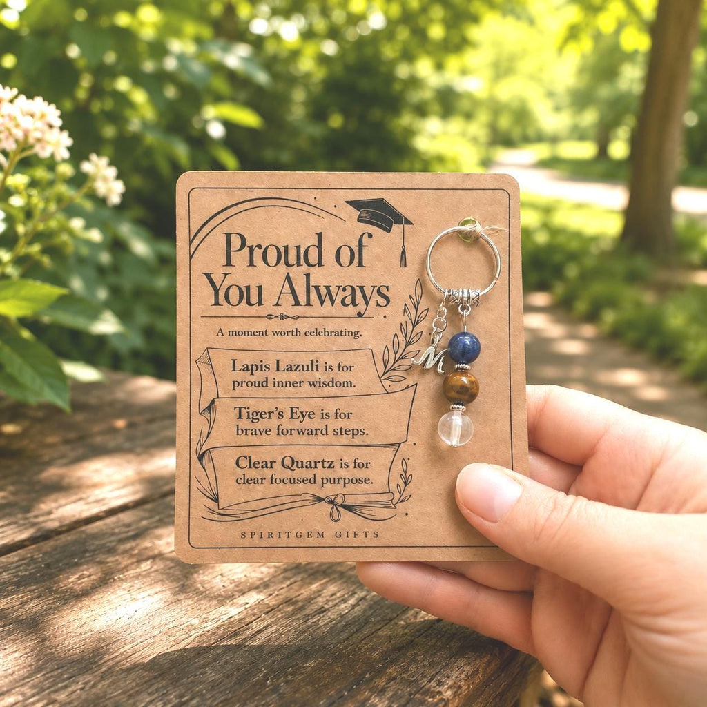 GRADUATION Crystal Keyring, Personalised Proud of You Gift with Illustrated Keepsake Card