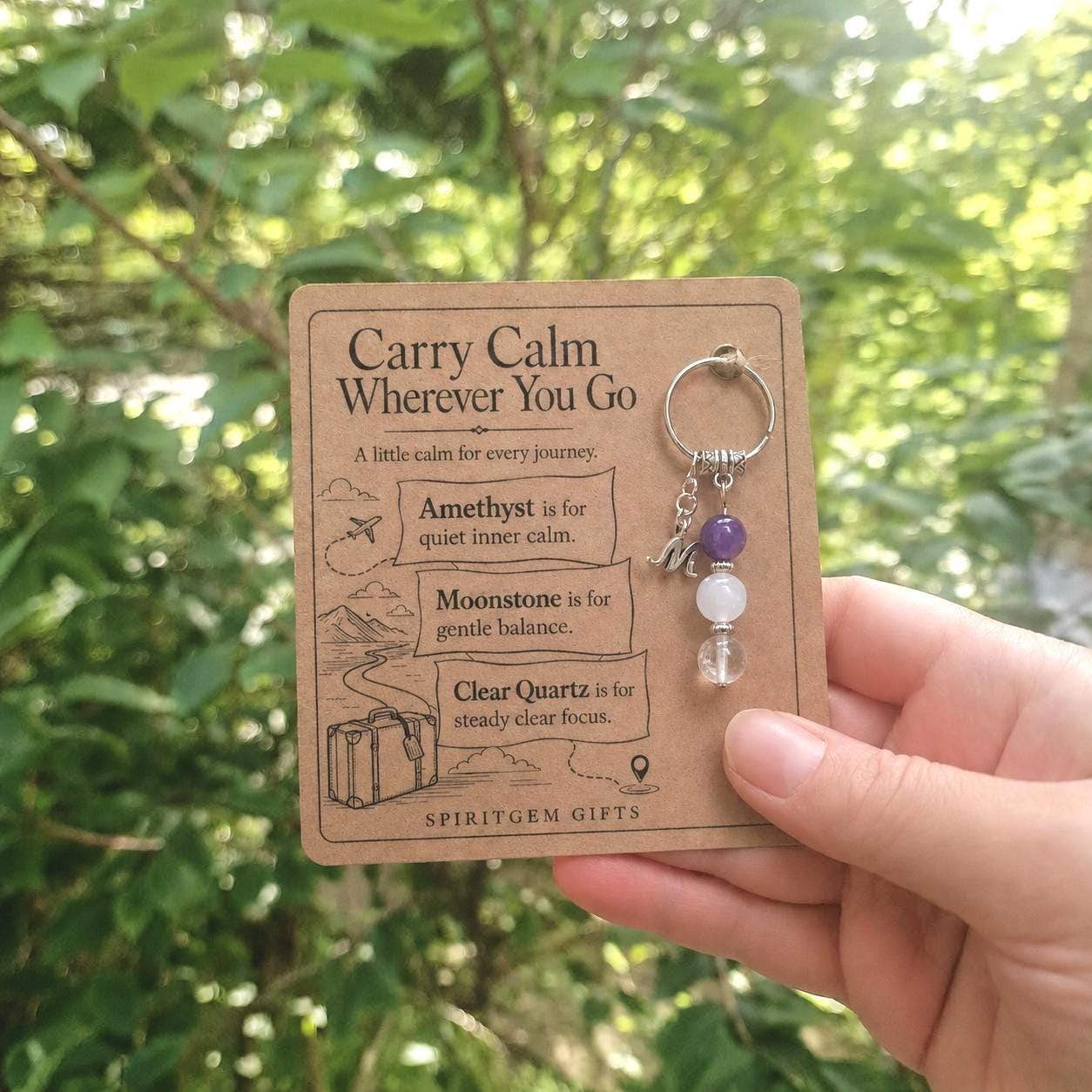Fear of Flying Gift, Calm Travel Crystal Keyring with Illustrated 'Carry Calm Wherever You Go' Card