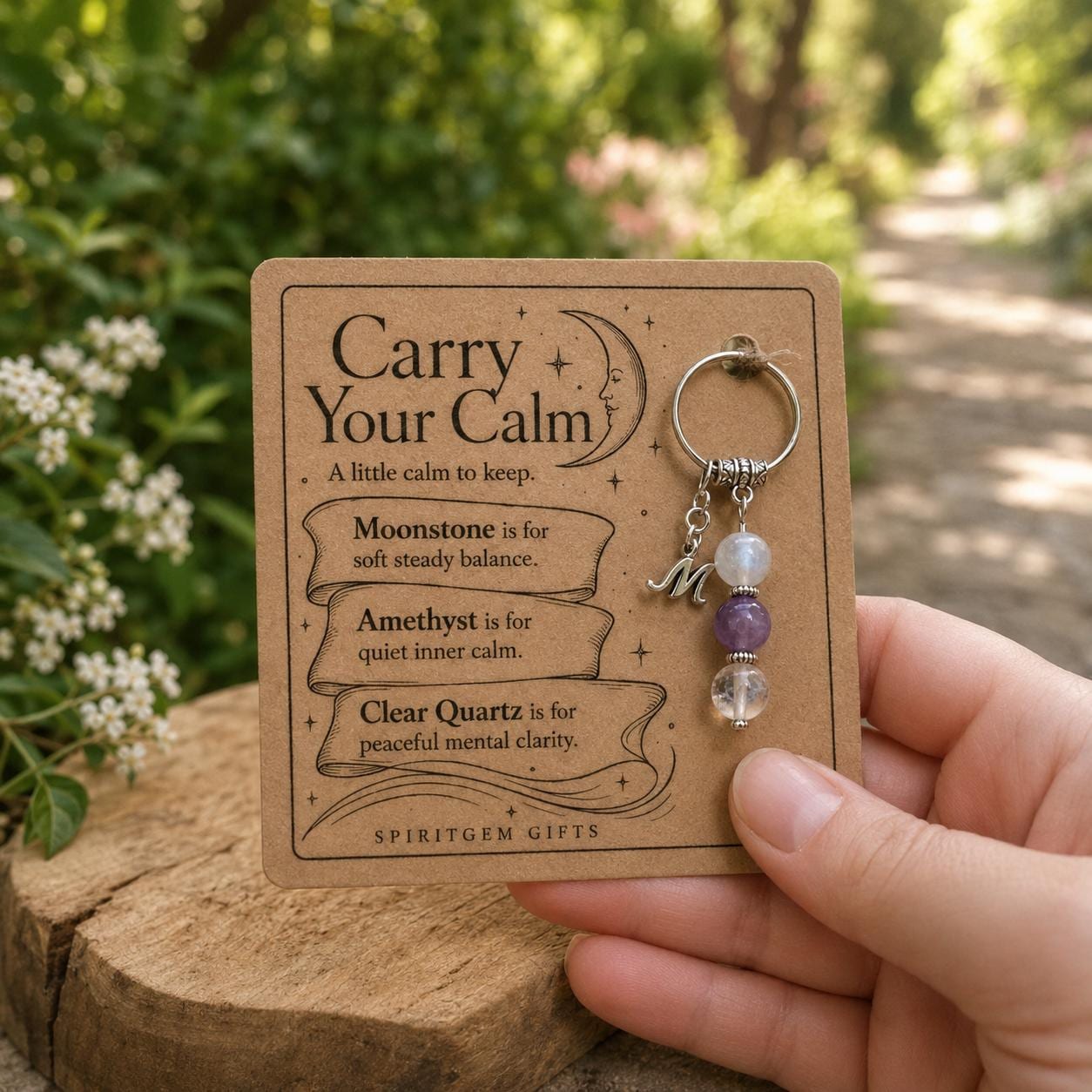 Anxiety Support Gift, Calm Crystal Keyring with Illustrated 'Carry Your Calm' Card