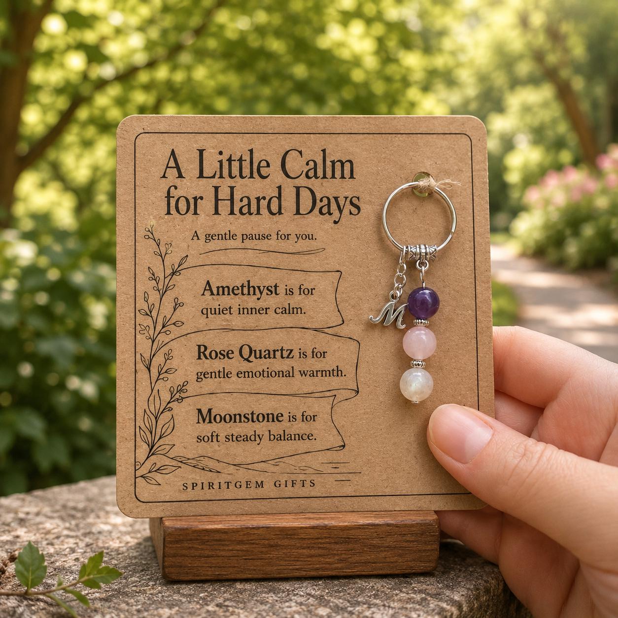 PERSONALISED CALM Crystal Keyring, Encouragement Gift with Illustrated Keepsake Card