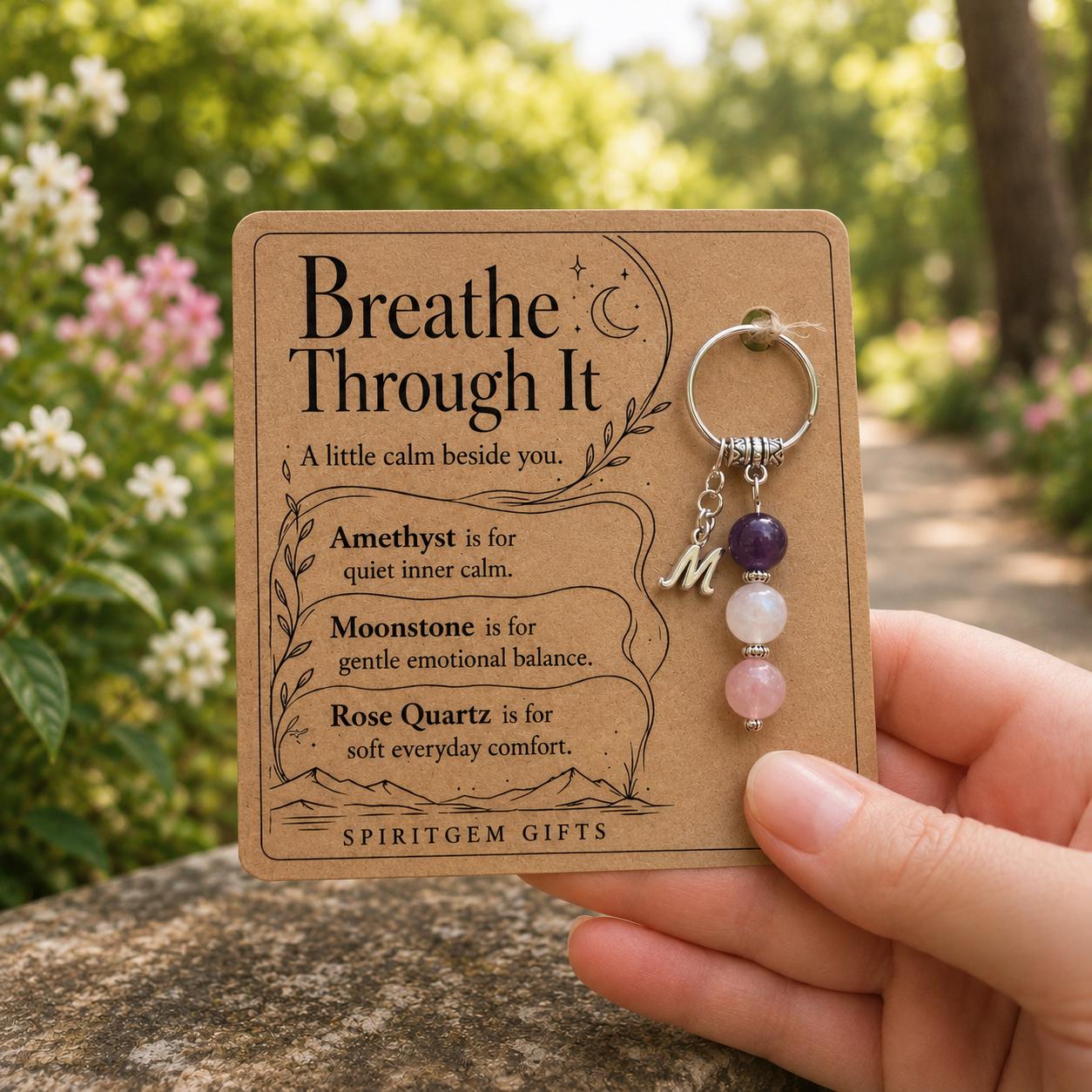 PERSONALISED CALM Crystal Keyring, Self Care Gift with Illustrated Keepsake Card