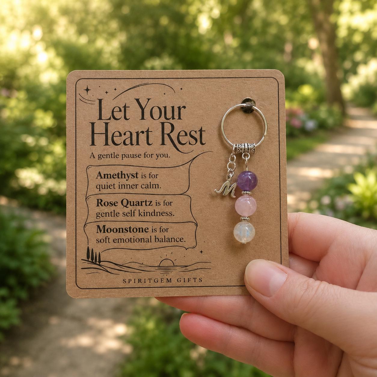 Self Care Gift for Her, Crystal Keyring with Illustrated 'Let Your Heart Rest' Card