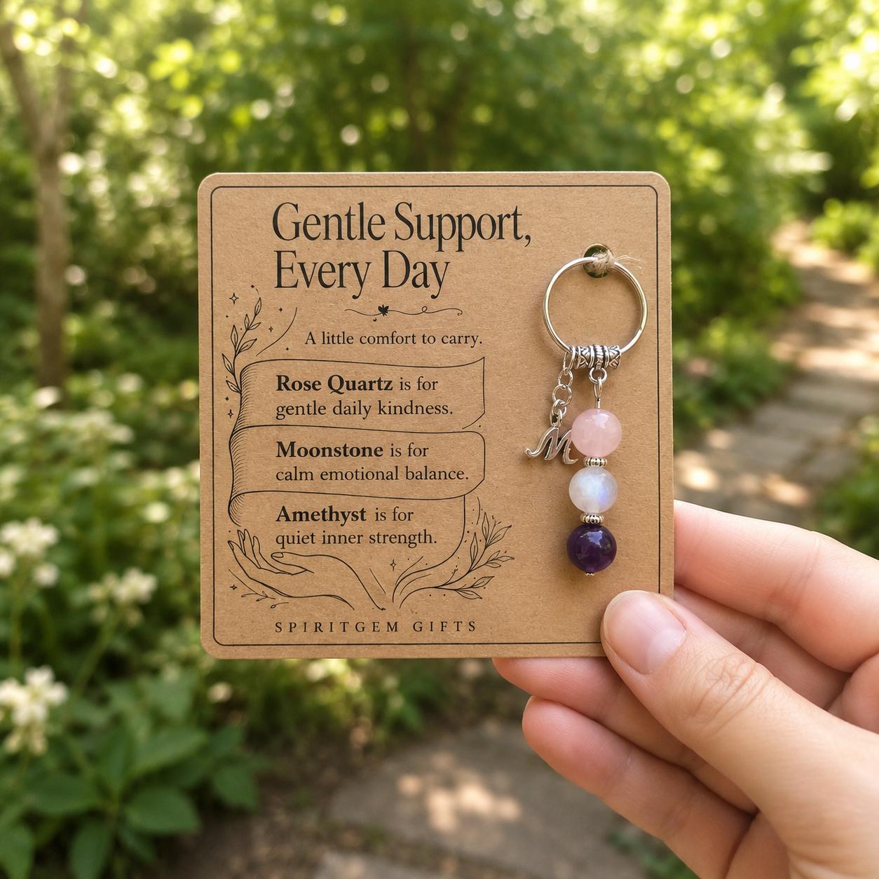 Thinking of You Gift, Crystal Keyring with Illustrated 'Gentle Support, Every Day' Card