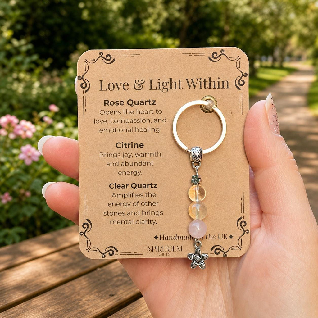 Personalised Rose Quartz Citrine Clear Quartz Keychain, Valentines Gift, Crystal Keyring