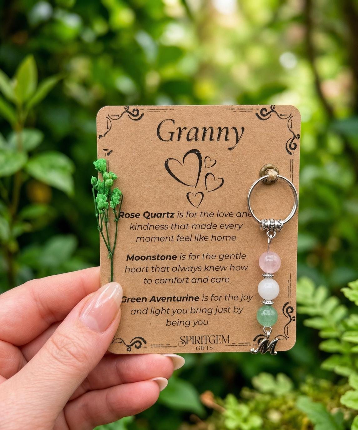 Personalised Granny Keepsake: Rose Quartz, Moonstone, Aventurine Gemstone Charm