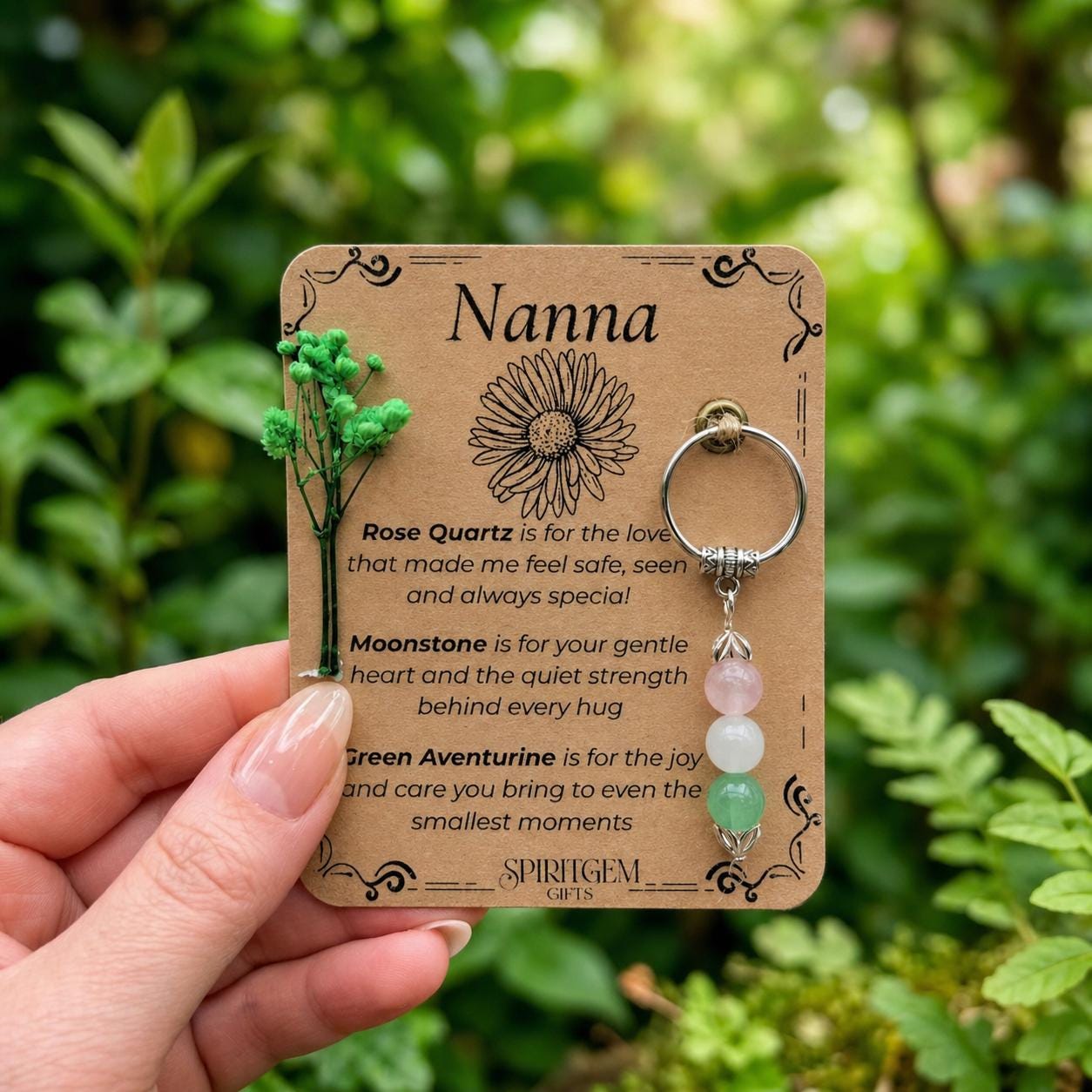 Personalised Nanna Keepsake: Rose Quartz, Moonstone, Aventurine Gemstone Keychain