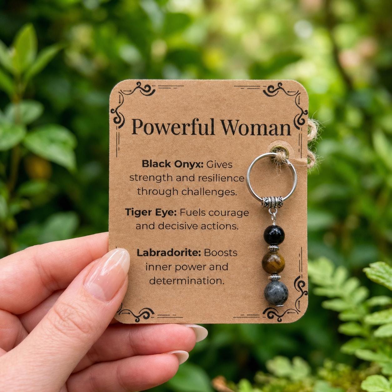 Personalised Powerful Woman Crystal Keyring gift for her Black Onyx, Tiger Eye, Labradorite Keepsake