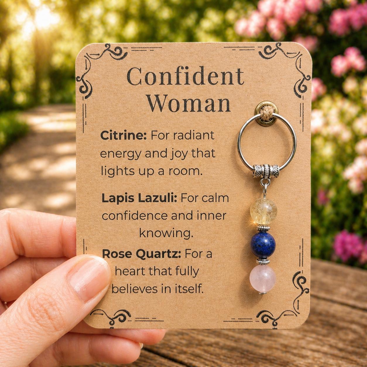 Confident Woman Crystal Keyring: Citrine, Lapis Lazuli, Rose Quartz – Handmade Empowerment Gift