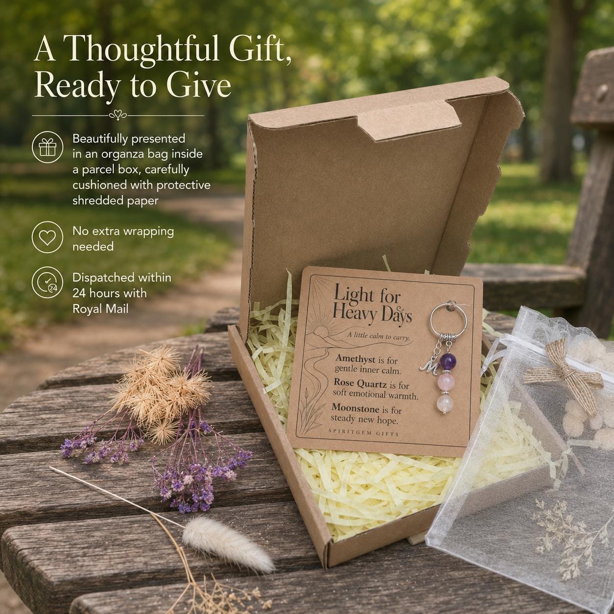 Tough Time Gift, Comfort Crystal Keyring with Illustrated 'Light for Heavy Days' Card