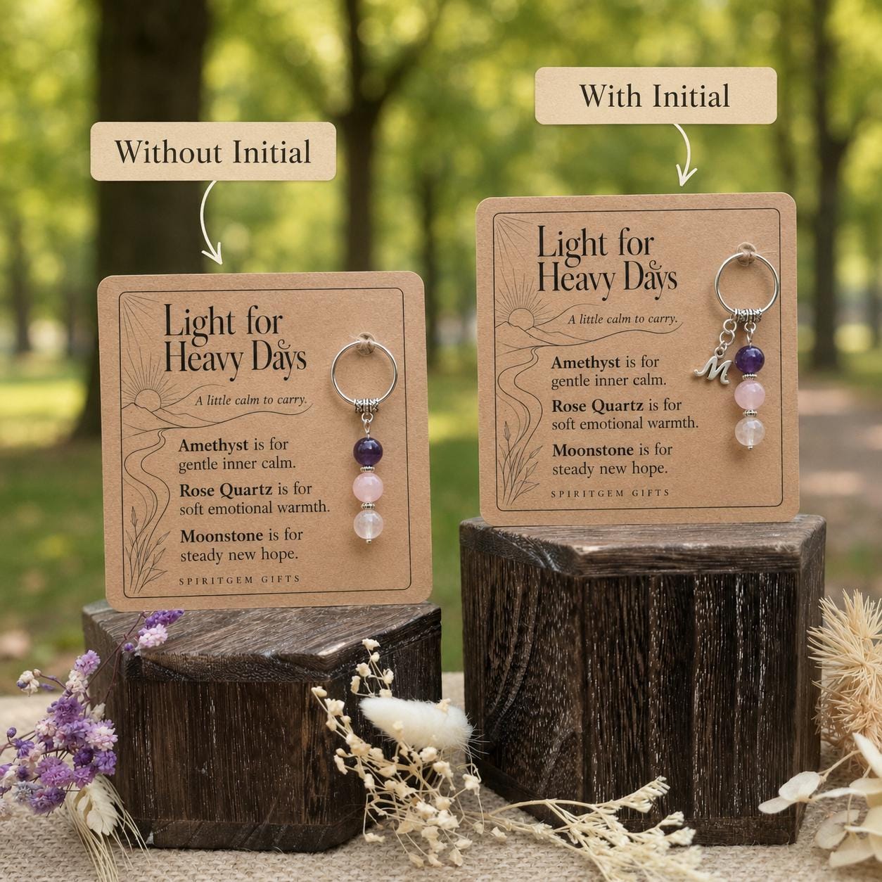Tough Time Gift, Comfort Crystal Keyring with Illustrated 'Light for Heavy Days' Card