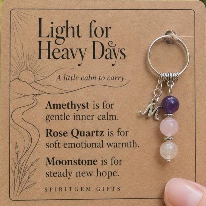 Tough Time Gift, Comfort Crystal Keyring with Illustrated 'Light for Heavy Days' Card