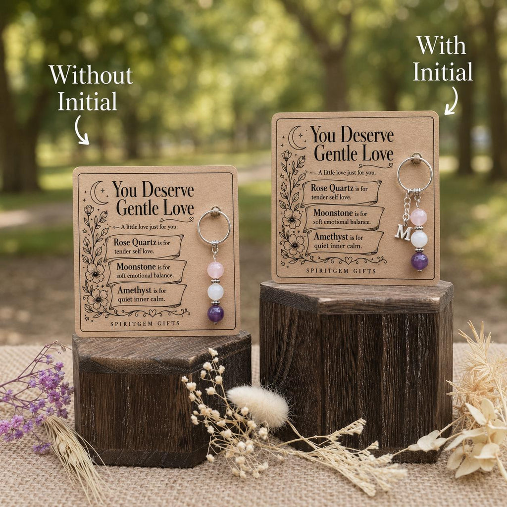 Self Love Gift, Crystal Keyring with Illustrated 'You Deserve Gentle Love' Card
