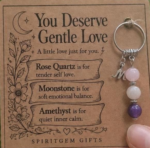Self Love Gift, Crystal Keyring with Illustrated 'You Deserve Gentle Love' Card