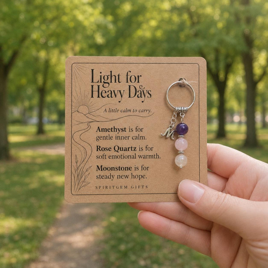 Tough Time Gift, Comfort Crystal Keyring with Illustrated 'Light for Heavy Days' Card