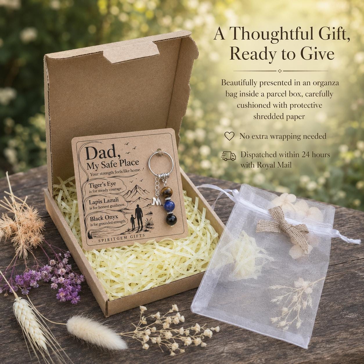 Safe Place Dad Gift From Daughter, Personalised Crystal Keyring With Initial Charm, Tiger Eye Lapis Onyx Father Keepsake