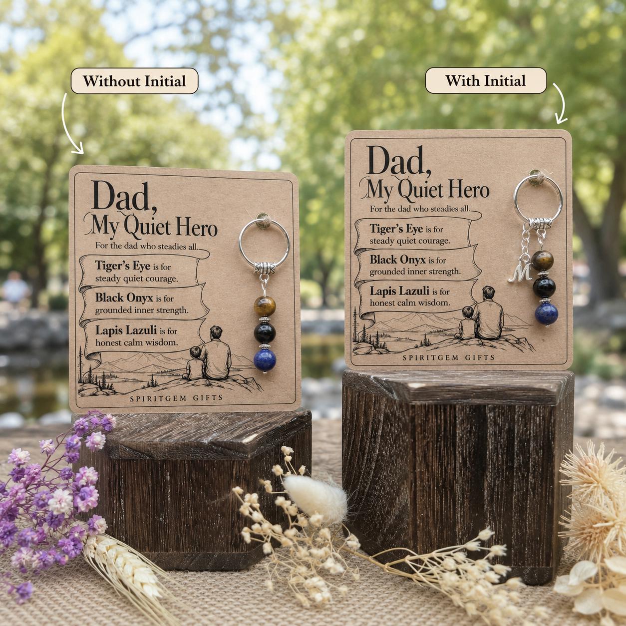 Dad Gift from Son, Crystal Keyring with Illustrated 'My Quiet Hero' Card, Personalised Keepsake for Him