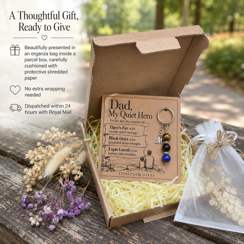 Dad Gift from Son, Crystal Keyring with Illustrated 'My Quiet Hero' Card, Personalised Keepsake for Him